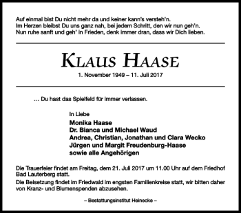 Traueranzeige von Klaus Haase von Harz Kurier