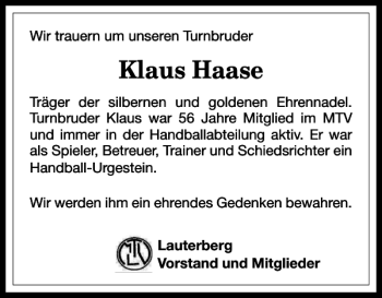 Traueranzeige von Klaus Haase von Harz Kurier