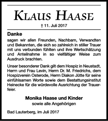 Traueranzeige von Klaus Haase von Harz Kurier