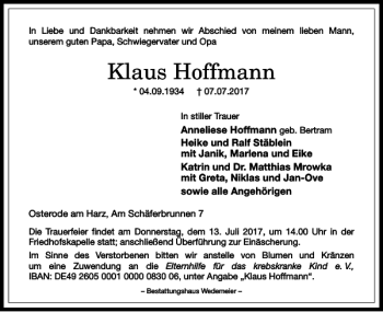 Traueranzeige von Klaus Hoffmann von Harz Kurier