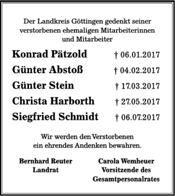 Traueranzeige von Konrad Pätzold und Günter Abstoß und Günter Stein und Christa Harboth und Siegfried Schmidt  von Harz Kurier