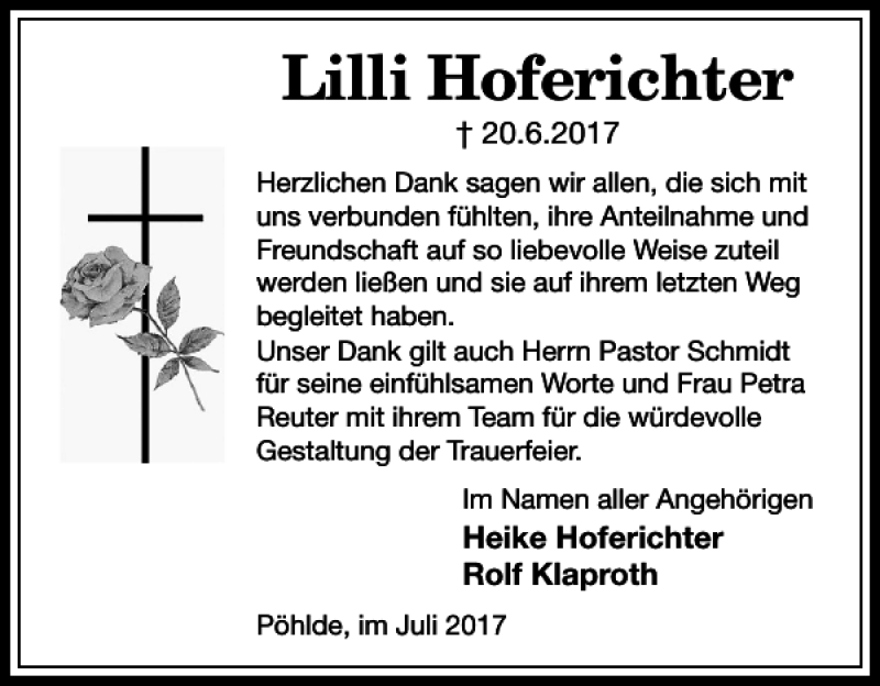  Traueranzeige für Lilli Hoferichter vom 20.07.2017 aus Harz Kurier