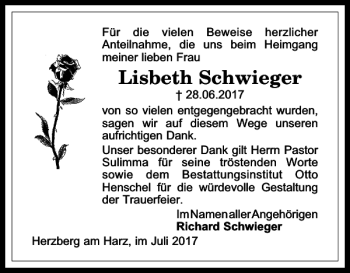 Traueranzeige von Lisbeth Schwieger von Harz Kurier
