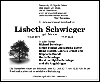 Traueranzeige von Lisbeth Schwieger von Harz Kurier