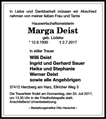 Traueranzeige von Marga Deist von Harz Kurier