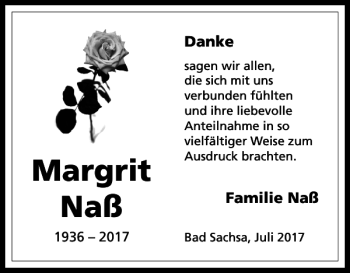 Traueranzeige von Margrit Naß von Harz Kurier