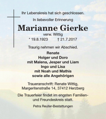 Traueranzeige von Marianne Gierke von Harz Kurier