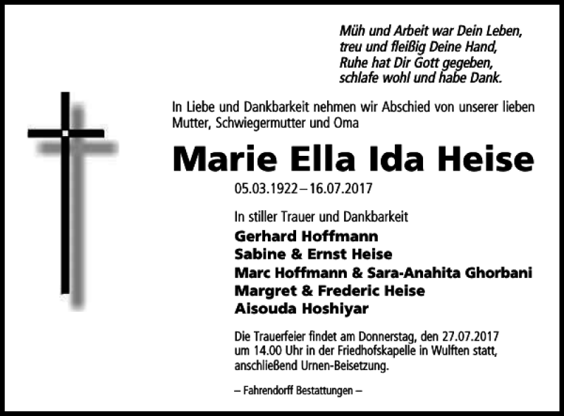  Traueranzeige für Marie Ella Ida Heise vom 25.07.2017 aus Harz Kurier