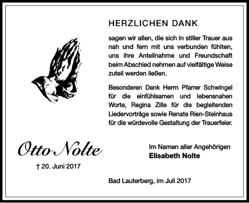  Traueranzeige für Otto Nolte vom 15.07.2017 aus Harz Kurier