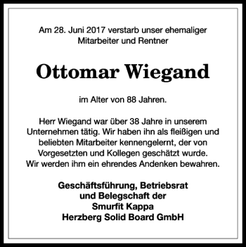 Traueranzeige von Ottomar Wiegand von Harz Kurier
