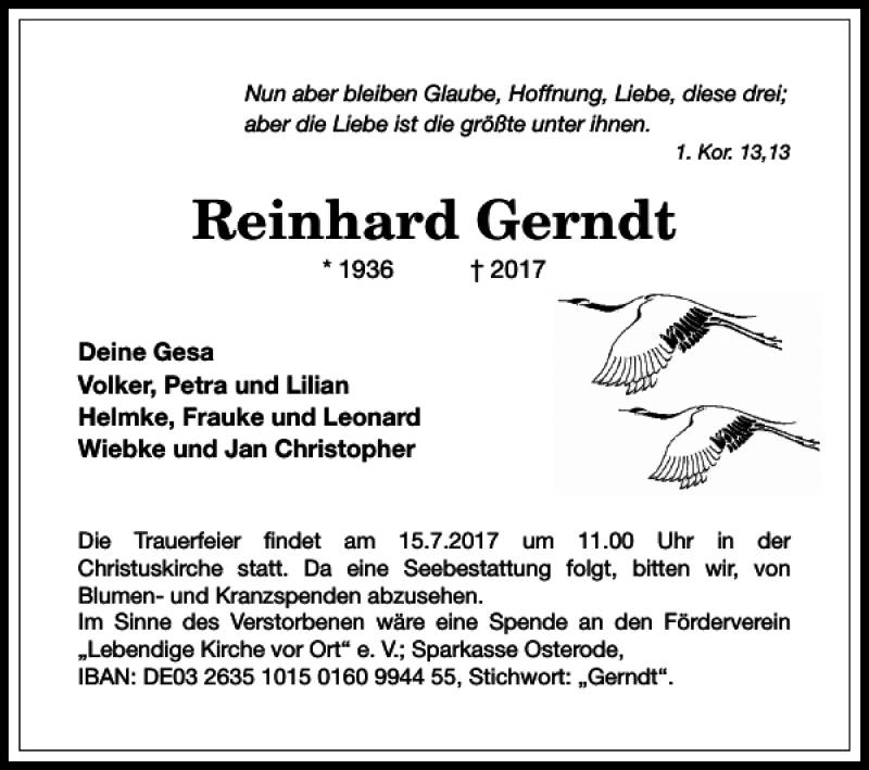  Traueranzeige für Reinhard Gerndt vom 08.07.2017 aus Harz Kurier