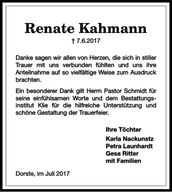 Traueranzeige von Renate Kahmann von Harz Kurier