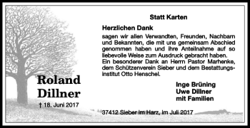 Traueranzeige von Roland Dillner von Harz Kurier