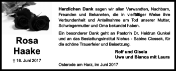 Traueranzeige von Rosa Haake von Harz Kurier