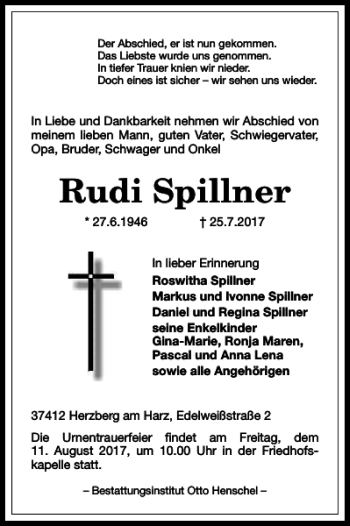 Traueranzeige von Rudi Spillner von Harz Kurier