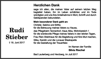 Traueranzeige von Rudi Stieber von Harz Kurier