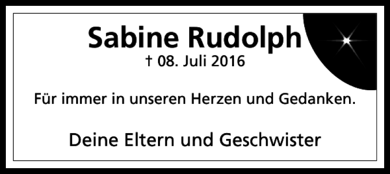  Traueranzeige für Sabine Rudolph vom 08.07.2017 aus Harz Kurier