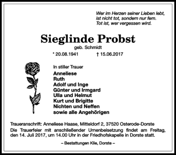 Traueranzeige von Sieglinde Probst von Harz Kurier