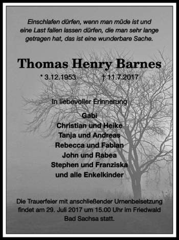 Traueranzeige von Thomas Henry Barnes von Harz Kurier