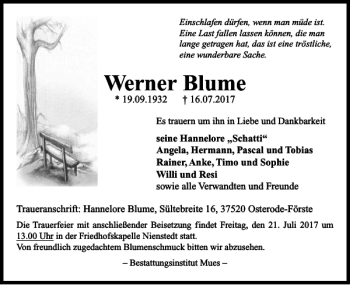 Traueranzeige von Werner Blume von Harz Kurier