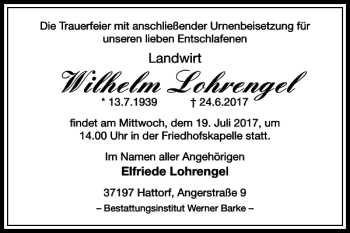 Traueranzeige von Wilhelm Lohrengel von Harz Kurier