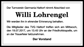 Traueranzeige von Willi Lohrengel von Harz Kurier