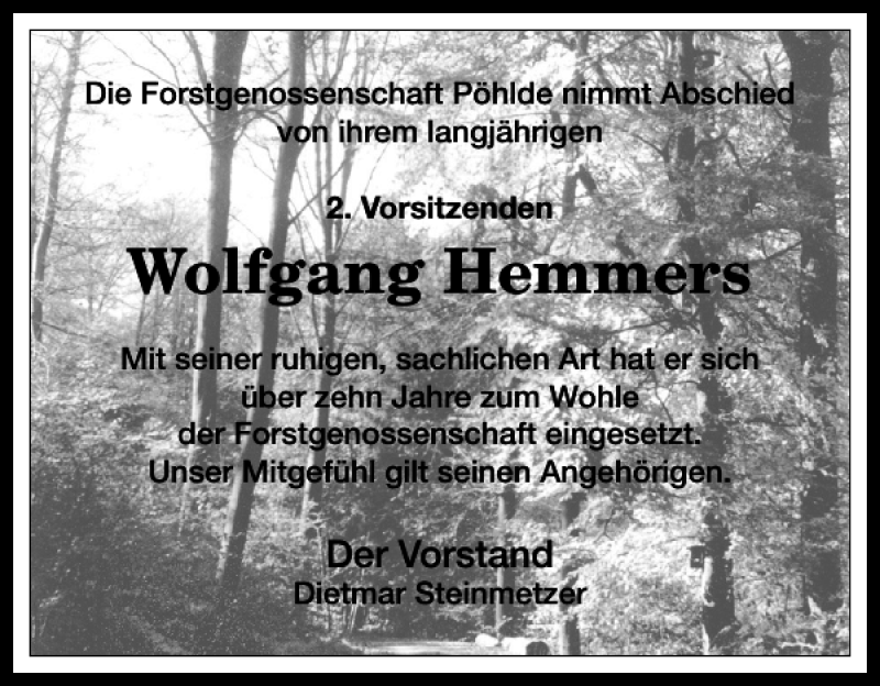  Traueranzeige für Wolfgang Hemmers vom 19.07.2017 aus Harz Kurier