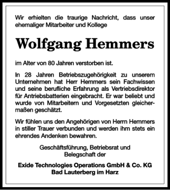 Traueranzeige von Wolfgang Hemmers von Harz Kurier