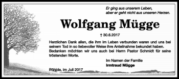 Traueranzeige von Wolfgang Mügge von Harz Kurier
