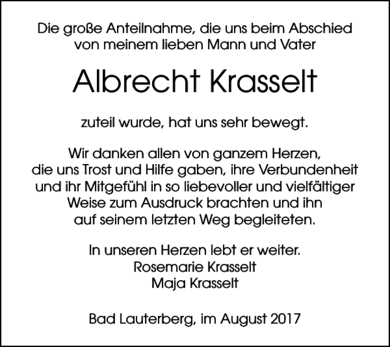  Traueranzeige für Albrecht Krasselt vom 18.08.2017 aus Harz Kurier