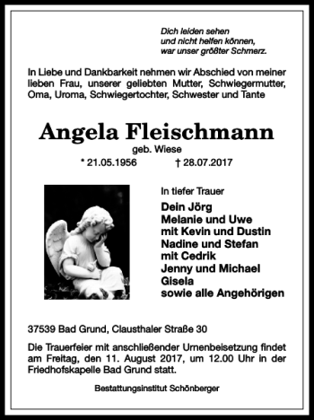 Traueranzeige von Angela Fleischmann von Harz Kurier