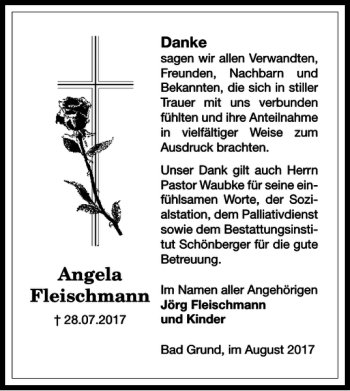 Traueranzeige von Angela Fleischmann von Harz Kurier