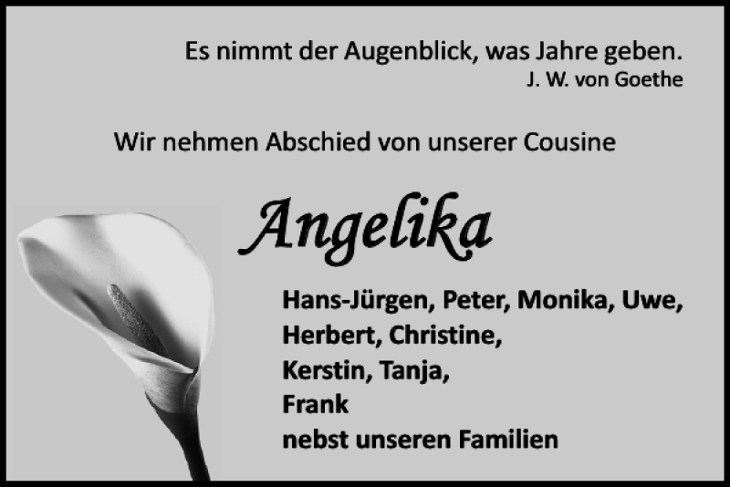 Traueranzeige für Angelika  vom 10.08.2017 aus Harz Kurier