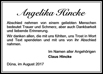 Traueranzeige von Angelika Hincke von Harz Kurier