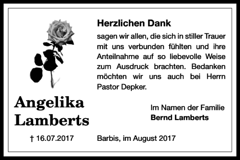  Traueranzeige für Angelika Lamberts vom 05.08.2017 aus Harz Kurier