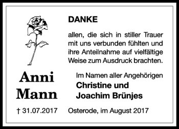 Traueranzeige von Anni Mann von Harz Kurier