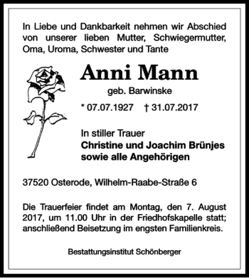 Traueranzeige von Anni Mann von Harz Kurier