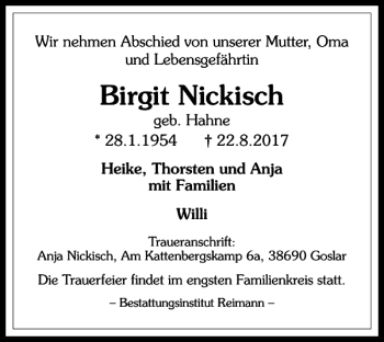 Traueranzeige von Birgit Nickisch von Harz Kurier