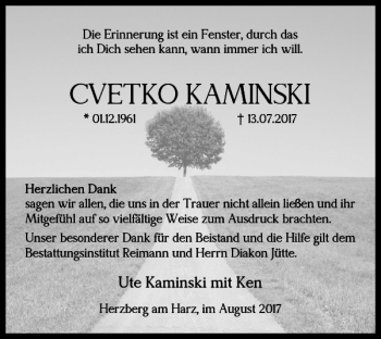 Traueranzeige von CVETKO KAMINSKI von Harz Kurier
