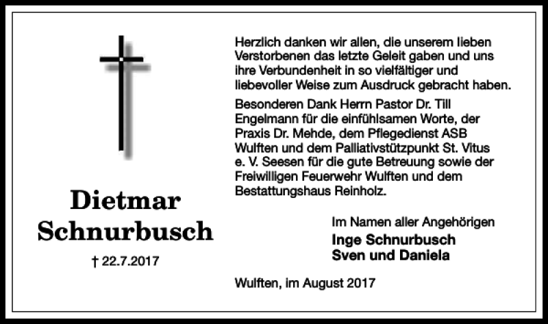  Traueranzeige für Dietmar Schnurbusch vom 19.08.2017 aus Harz Kurier