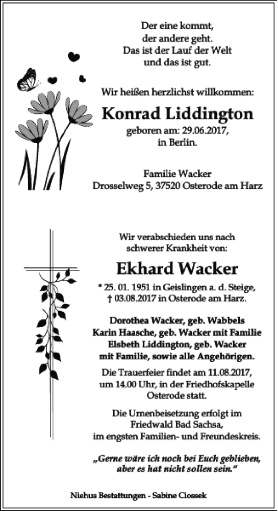  Traueranzeige für Ekhard Wacker vom 05.08.2017 aus Harz Kurier