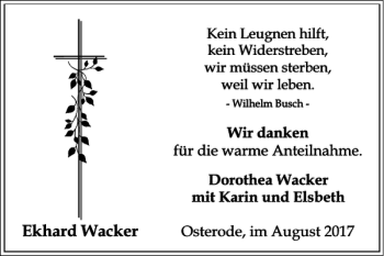 Traueranzeige von Ekhard Wacker von Harz Kurier