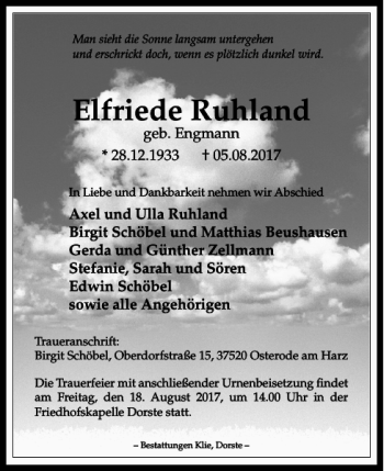 Traueranzeige von Elfriede Ruhland von Harz Kurier
