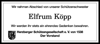 Traueranzeige von Elfrum Köpp von Harz Kurier