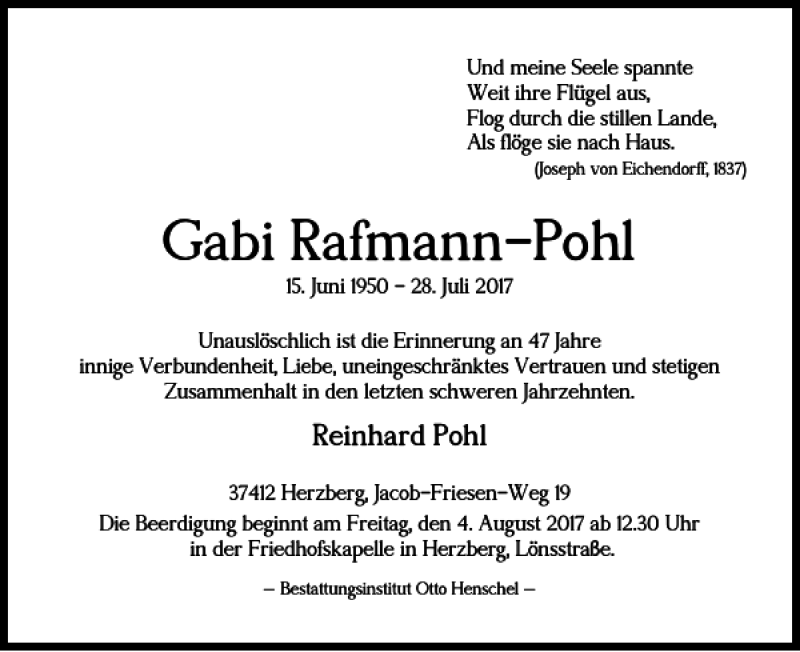  Traueranzeige für Gabi Rafmann-Pohl vom 01.08.2017 aus Harz Kurier