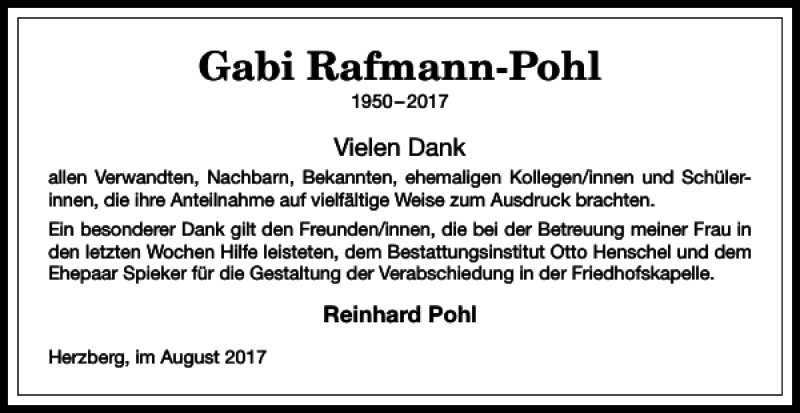  Traueranzeige für Gabi Rafmann-Pohl vom 30.08.2017 aus Harz Kurier