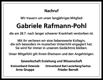 Traueranzeige von Gabriele Rafmann-Pohl von Harz Kurier