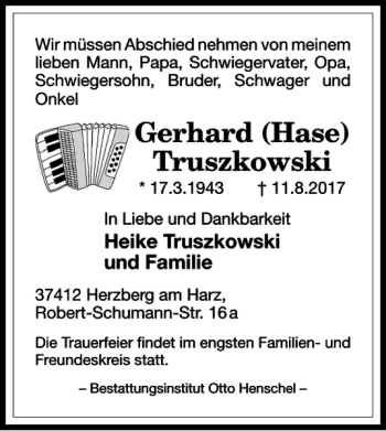 Traueranzeige von Gerhard Hase Truszkowski von Harz Kurier