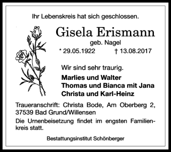 Traueranzeige von Gisela Erismann von Harz Kurier