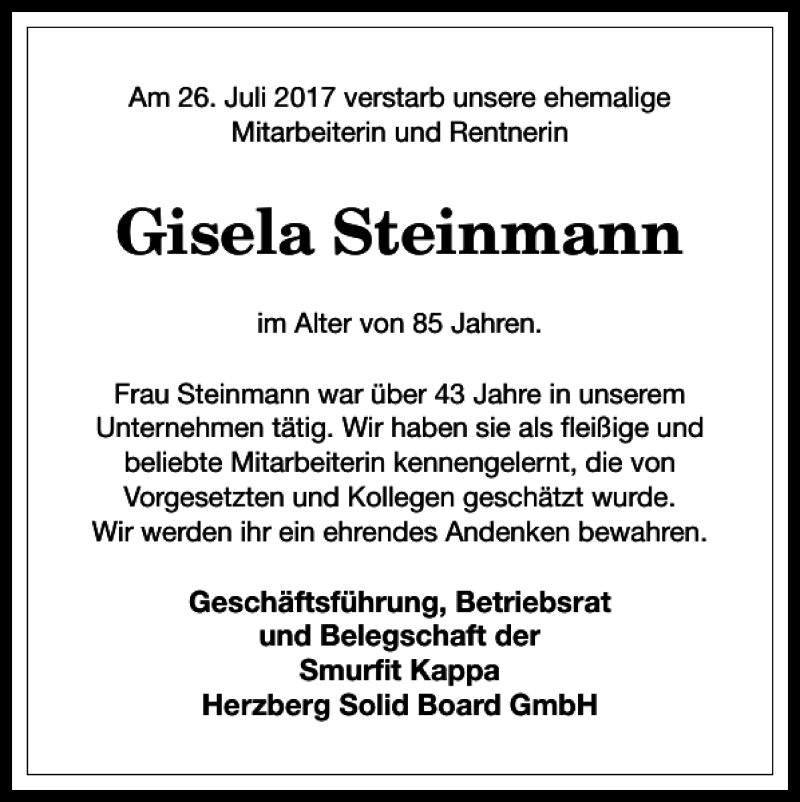  Traueranzeige für Gisela Steinmann vom 04.08.2017 aus Harz Kurier